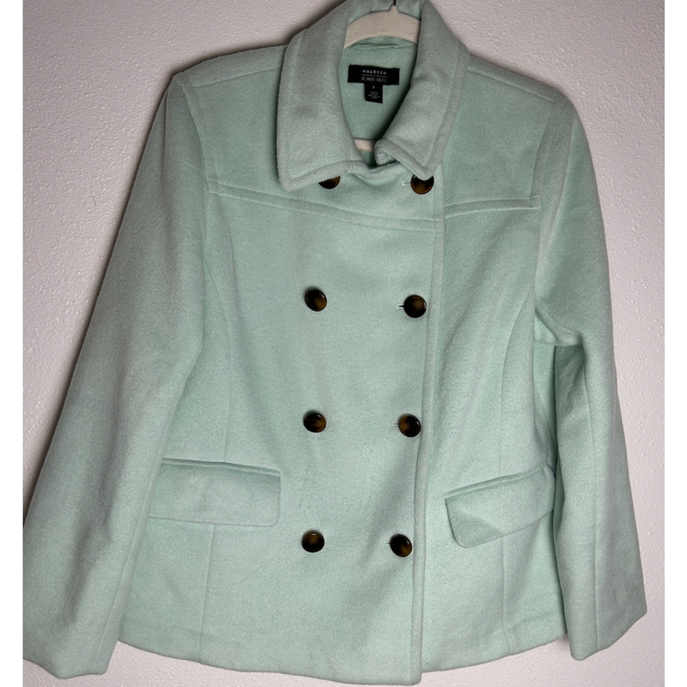 Halogen X Atlantic-Pacific Short Double Breasted Wool Coat Green Mist Sz Large